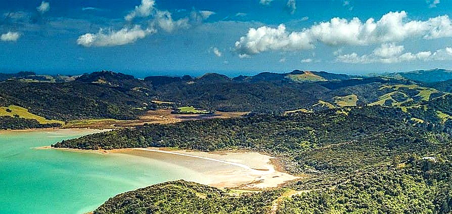 Aerial view of Te Matuku Bay Scenic Reserve and shell spit, Waiheke Island
