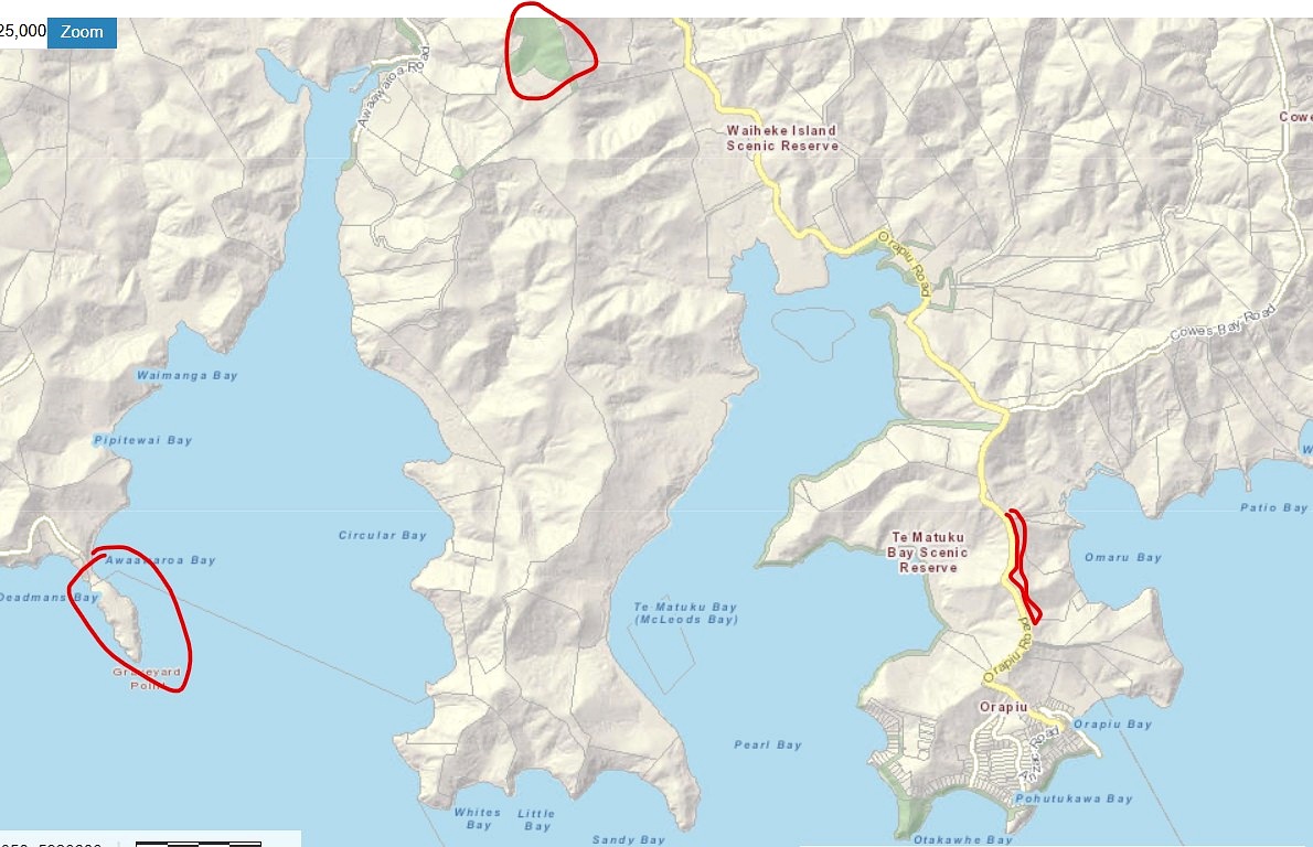 Map showing the locations of major pā sites around Te Matuku Bay, Waiheke Island